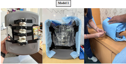 A medium-sized rectangular plastic  bucket  was  modified  to  provide  palpable iliac crests. In the bucket basin, a plastic skeleton spine  was  separated  and  secured  to  the  bucket  to mimic  the  spine’s  alignment.